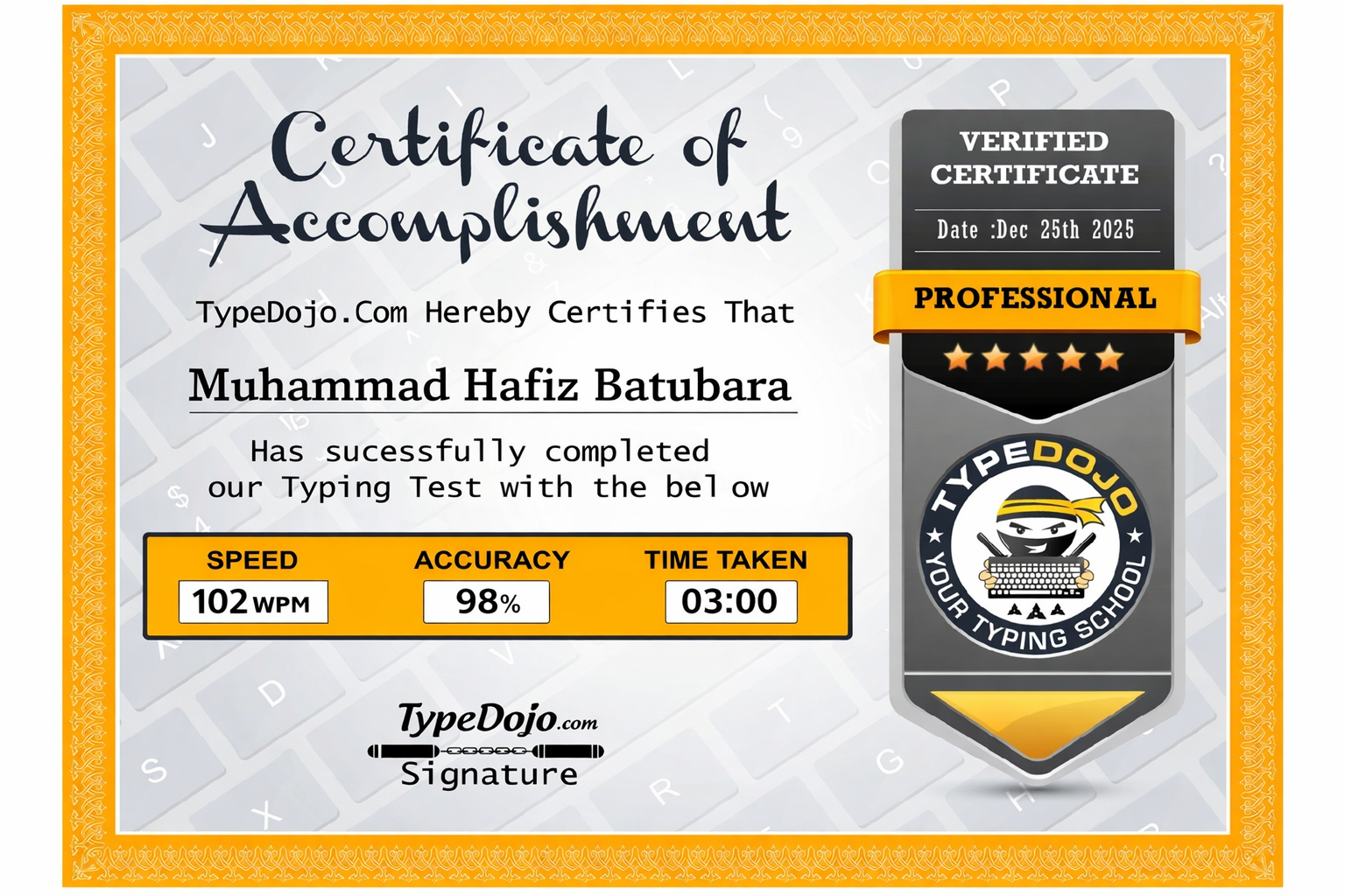 Certificate of Accomplishment - Professional Typing Test